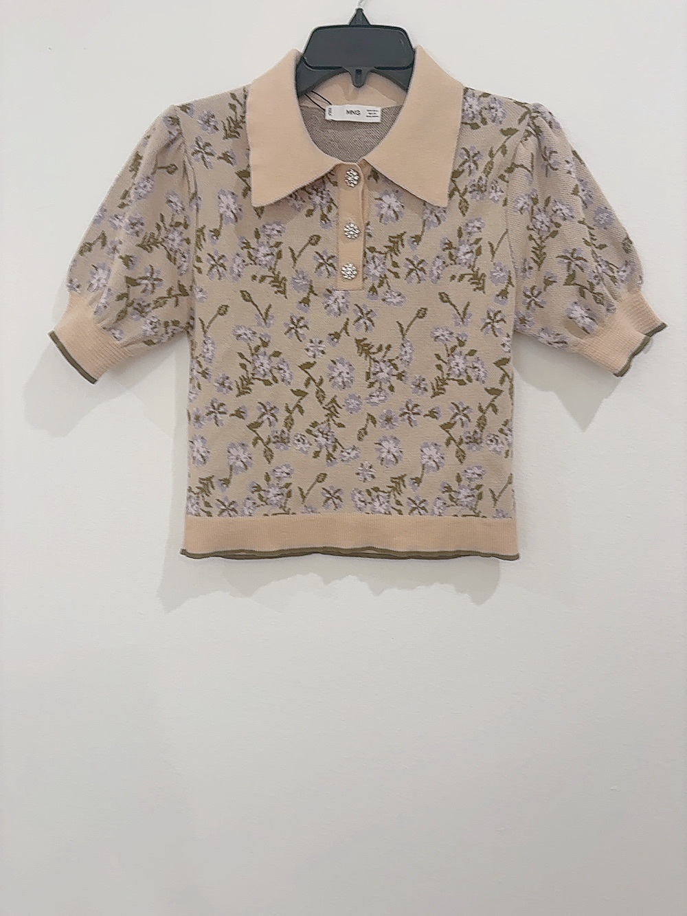 MANGO Floral Print Polo Knit Top Short Sleeve Collar Sweater [S]